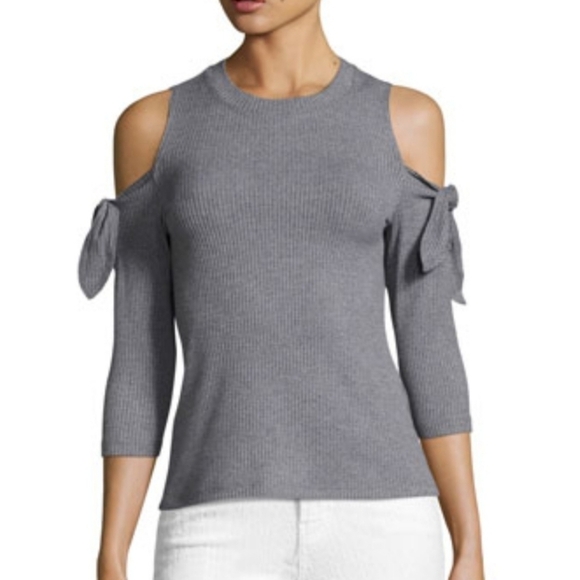 REBECCA TAYLOR Short Tie Sleeve Cold Shoulder Ribbed Jersey Top Gray Women Large - Picture 1 of 12